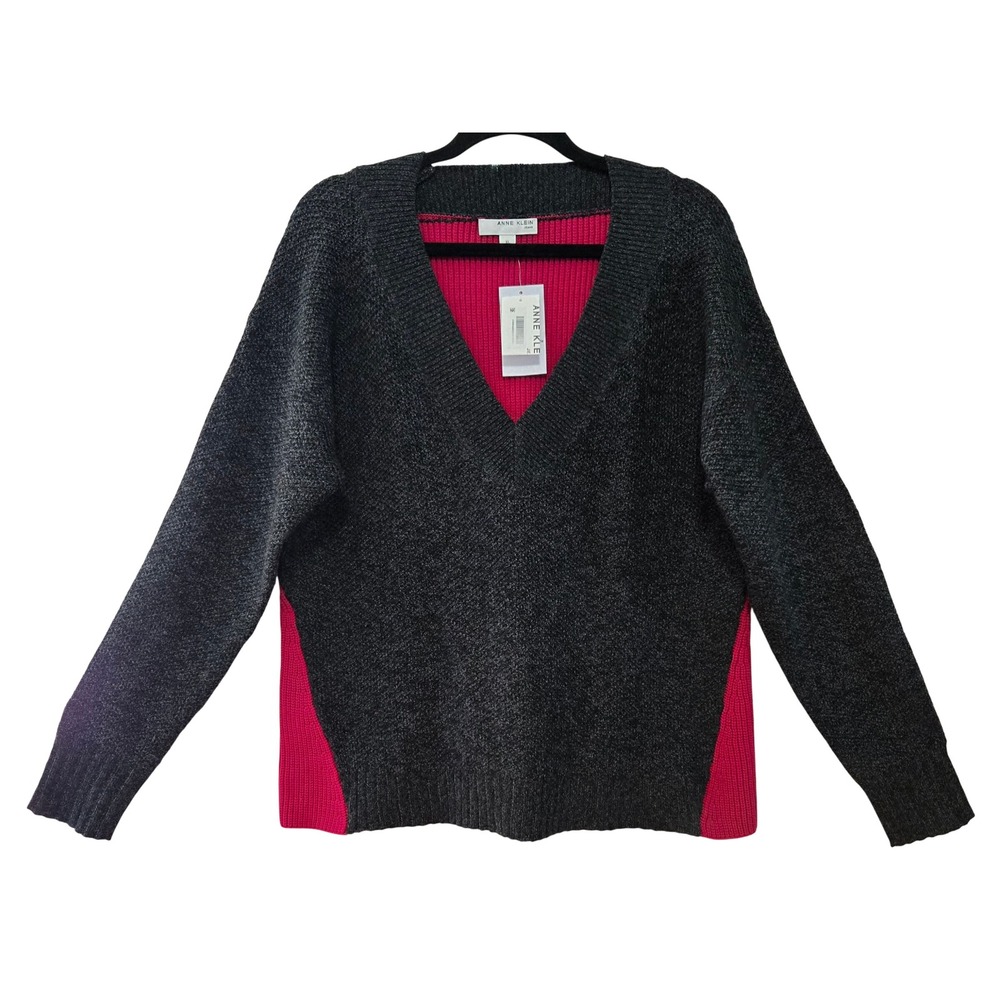 Anne Klein Jeans Womens XL V-Neck Sweater Grey Pink Colorblock Knit Pullover NEW